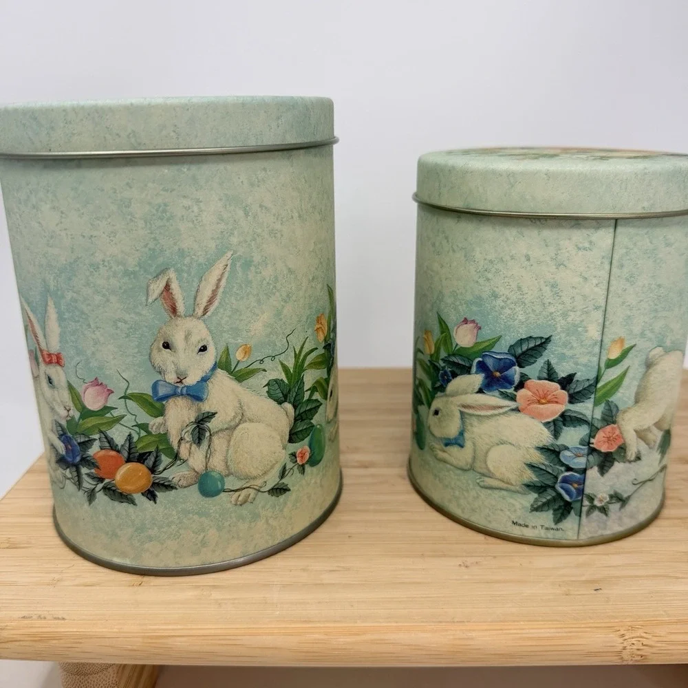 Vintage Easter Bunny Rabbit Nesting Tins Set of 2 Spring Floral Cottagecore
